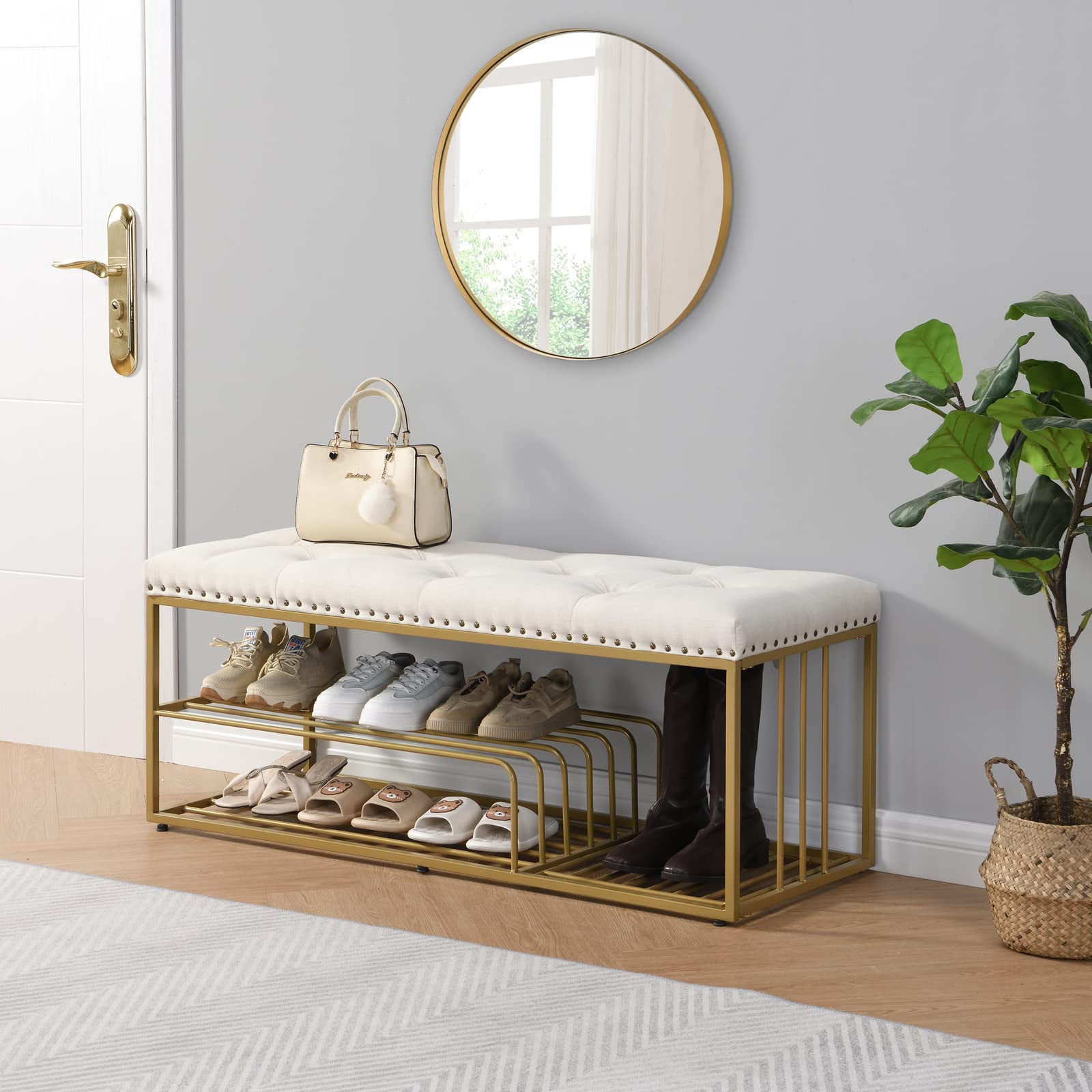 Linen Bench with StorageEntryway Shoe Storage with Tufted Padded Seat