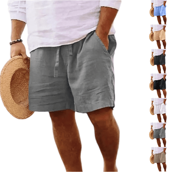 Linen Bermuda Shorts Men Casual Elastic Waist Drawstring Summer Beach Shorts with Pockets Light Gray L