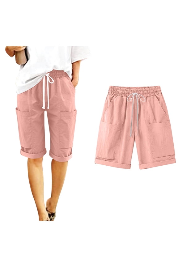 Linen Bermuda Shorts for Women Loose Elastic Waist Drawstring Knee Length Shorts Womens Summer Casual Solid Plus Size Baggy Relaxed Lightweight Comfy Beach Cropped Pants