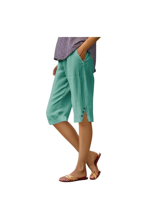 Linen Bermuda Shorts for Women Side Split Button Shorts Palazzo Hot Pants Summer Casual Drawstring Shorts Breathable Travel Shorts Straight Leg Modest Shorts for Women Comfy Short Work Office Outfits