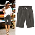thumbnail image 1 of Linen Bermuda Shorts for Women Elastic Waist Drawstring Knee Length Pants Soft Breathable Walking Shorts with Pockets Casual Summer Lounge Wear, 1 of 7