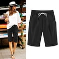 thumbnail image 1 of Linen Bermuda Shorts for Women Elastic Waist Drawstring Knee Length Pants Soft Breathable Walking Shorts with Pockets Casual Summer Lounge Wear, 1 of 7
