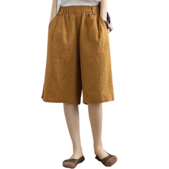 Linen Bermuda Shorts for Women Elastic Waisted Knee Length Baggy Casual Summer High Waist Wide Leg Beach Resort Pant Brown XL