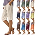 thumbnail image 1 of Linen Bermuda Shorts for Women Knee Length Summer Casual Elastic Waisted Shorts with Pockets Beige L, 1 of 5