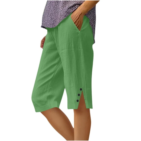 Linen Bermuda Shorts for Women Knee Length Summer Casual Elastic Waisted Side Split Button Long Shorts with Pockets