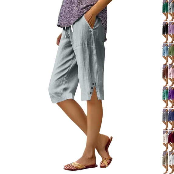 Linen Bermuda Shorts for Women Knee Length Summer Casual Elastic Waisted Side Split Button Shorts with Pockets 2026 ,L,Light Gray