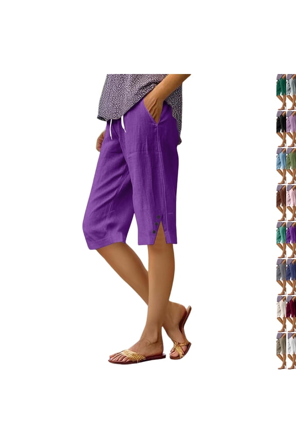 Linen Bermuda Shorts for Women Knee Length Summer Casual Elastic Waisted Side Split Button Shorts with Pockets 2026 ,XL,Purple