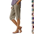 thumbnail image 1 of Linen Bermuda Shorts for Women Knee Length Summer Casual Elastic Waisted Side Split Button Shorts with Pockets 2026 ,XXL,Light Brown, 1 of 8