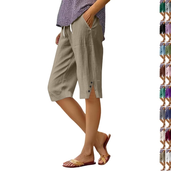 Linen Bermuda Shorts for Women Knee Length Summer Casual Elastic Waisted Side Split Button Shorts with Pockets 2026 ,XXL,Light Brown