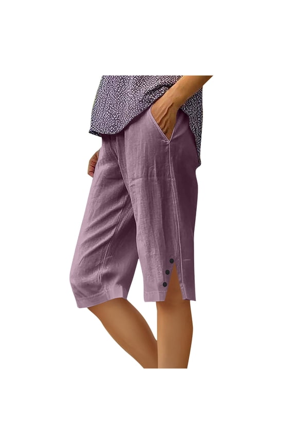 Linen Bermuda Shorts for Women Knee Length Summer Casual Elastic Waisted Side Split Button Shorts with Pockets