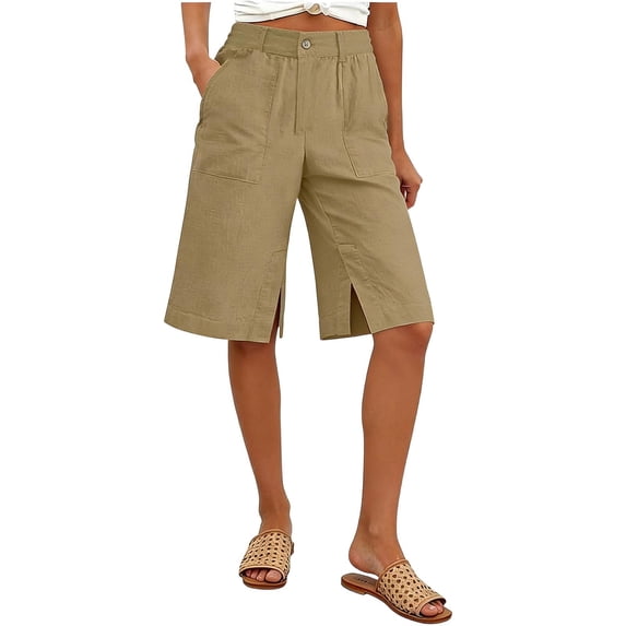 Linen Bermuda Shorts for Women Wide Leg High Waisted Culottes Blend Walking Shorts with Pockets Split Hem Summer Vacation Outfits