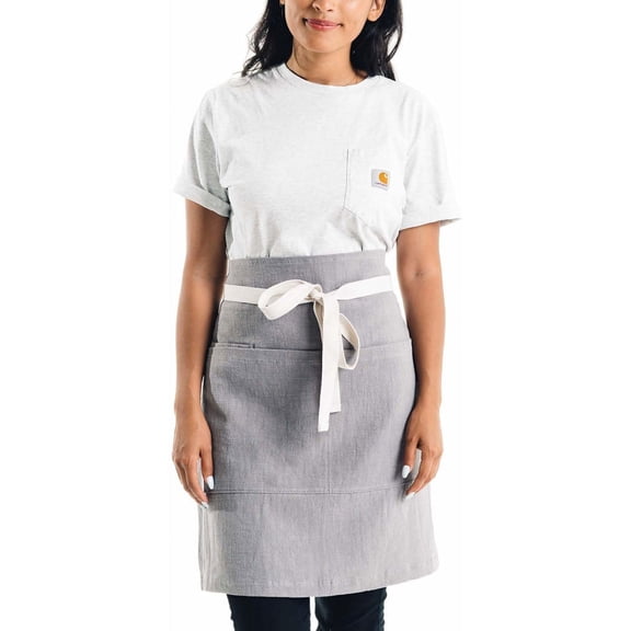 Linen Bistro Cafe Apron - Professional Grade with Pockets, Half Kitchen Apron, Mid Length 23 x 23, 40 Inch Waist Ties - Durable Unisex Uniform- Server or Chef (Grey)