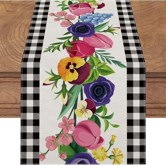 Linen Black and White Buffalo Check Plaid Spring Table Runner 72 Inches Long Farmouse Spring Summer Easter Watercolor Floral Table Decoration for Home