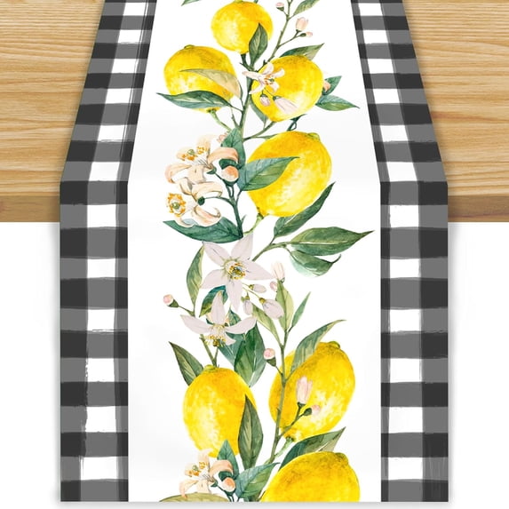 Linen Black and White Buffalo Check Plaid Lemom Table Runner Farmhouse Spring Summer Lemon Party Decorations and Supplies for Home 13.8x71 Inch