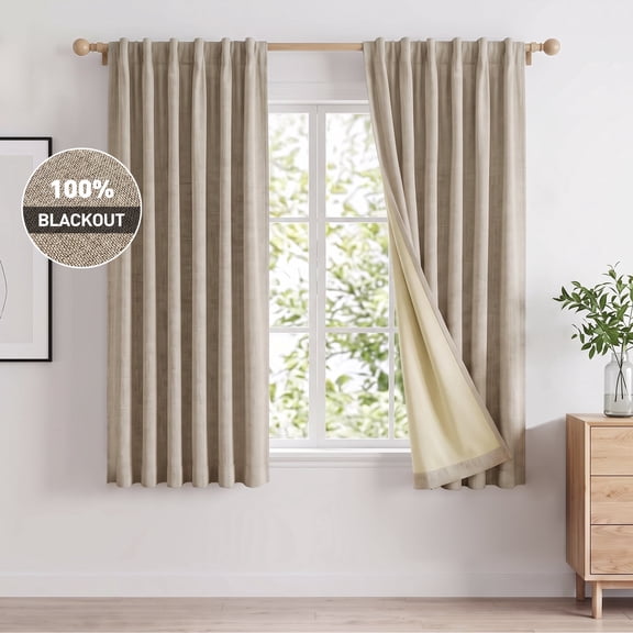 100% Blackout Curtains 2 Panels Set, Faux Linen 42x63 Inch Light Blocking Window Curtains, Rod Pocket & Back Tabs Thermal Insulated Room Darkening Drapes for Living Room Bedroom