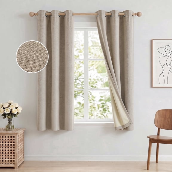 100% Blackout Curtains 42x63 in Set of 2, Faux Linen Textured Curtains for Bedroom Living Room, Thermal Insulated Window Drapes with Grommet, Room Darkening & Privacy Protection,Natural Beige