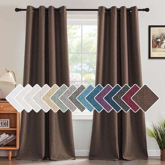 Linen Blackout Curtain 84 Inches Long for Bedroom/Living Room Thermal Insulated Grommet Linen Curtain Drapes Primitive Textured Burlap Effect Window Drapes 1 Panel - Heather Cocoa Brown