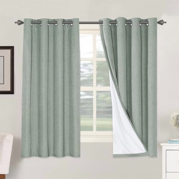 Linen Blackout Curtains 63 Inches Long 100% Blackout Thermal Insulated Textured Linen Look Curtain Draperies Anti-Rust Grommet, Energy Saving with White Liner, 2 Panels, Green Bay