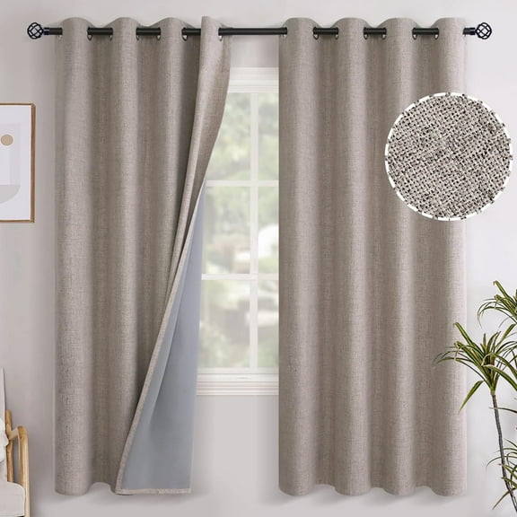 Linen Blackout Curtains 72 Inches Length, Full Room Darkening Grommet Burlap Textured Window Drapes for Farmhouse Living Room Thermal Insulated, 2 Panels, 52 X 72 Inch