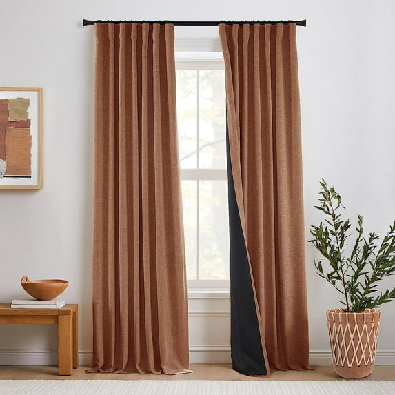 Linen Blackout Curtains 96 Inches Long for Living Room Hooks Track System Pleated Neutral Farmhouse Lined Black Out Dark Curtains for Bedroom No Light,96 Inch Length 2 Panel Set Burg,Natural Off White