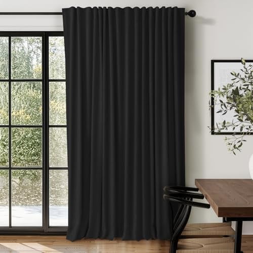 Linen Blackout Curtains for Bedroom 84 Inches Long, Back Tab/Rod Pocket Living Room Drapes, Thermal Insulated Blackout Curtains 1 Panel Set, 100" W x 84" L, Black