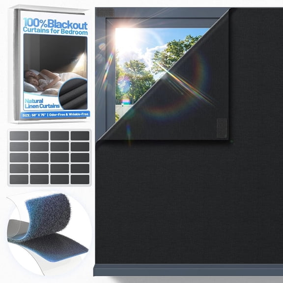 Linen Blackout Curtains for Bedroom Portable 75"x58" Black Out Window Cover with Velcros, Temporary Blackout Shades Window Film Black-Out Blinds No Drill for Travel Office RV-Blacks