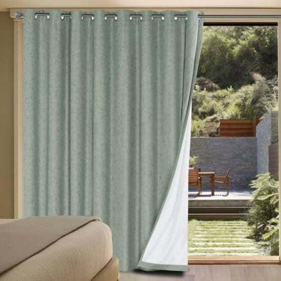 Linen Blackout Curtains Durable Thick Textured Linen Look 100% Blackout Patio Door Curtain Anti Rust Grommet Extra Wide Sliding Door Curtain Panel, W100 x L96 inch, Green Bay
