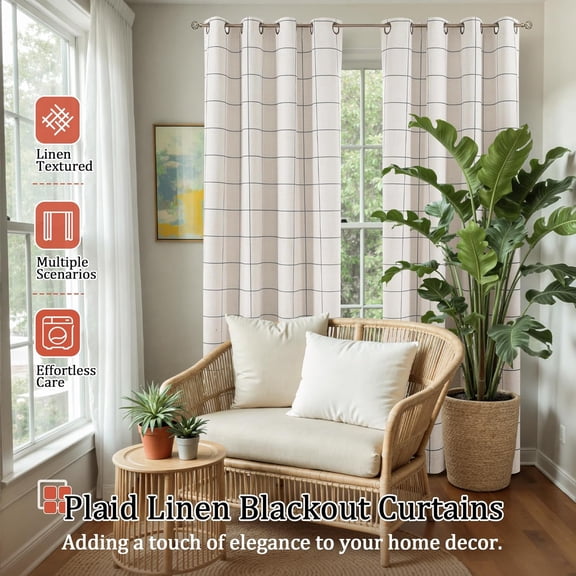 Linen Blackout Curtains for Living Room - Boho Plaid Pattern Thermal Insulated Grommet Cottage Core Window Treatments Rustic Drapes for Farmhouse, 52x84 Inch 2 Panels, Dark Grey