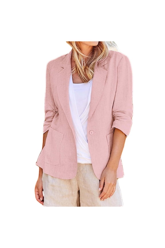 Linen Blazer Jackets for Women Casual Summer Lightweight Cardigan Plus Size Half Sleeve Office Pockets Lapel Blazer Fully Ladies Plain Open Collared Office Formal Tops Size S-5XL