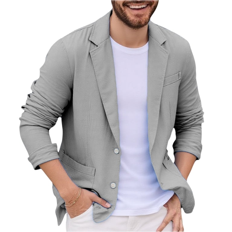 silver grey dress jacket for wedding Linen Blazer Men Lightweight Linen Cotton Regular Fit Loose Fit Sport Coat 2 Button Casual Business Suit Big and Tall Size S-4XL Middle school