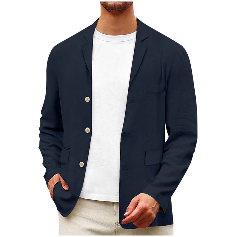 IGsXAkP Linen Blazer Men Slim Fit Casual Suit Jacket Lightweight 3-Button Wedding Prom Sport Coat Spring Summer Breathable Cotton Blend Business Smart