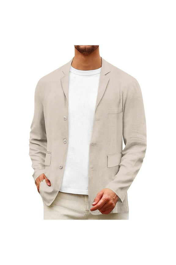 Linen Blazer Men Slim Fit Casual Suit Jacket Lightweight 3-Button Wedding Prom Sport Coat Spring Summer Breathable Cotton Blend Business Smart Office Wear