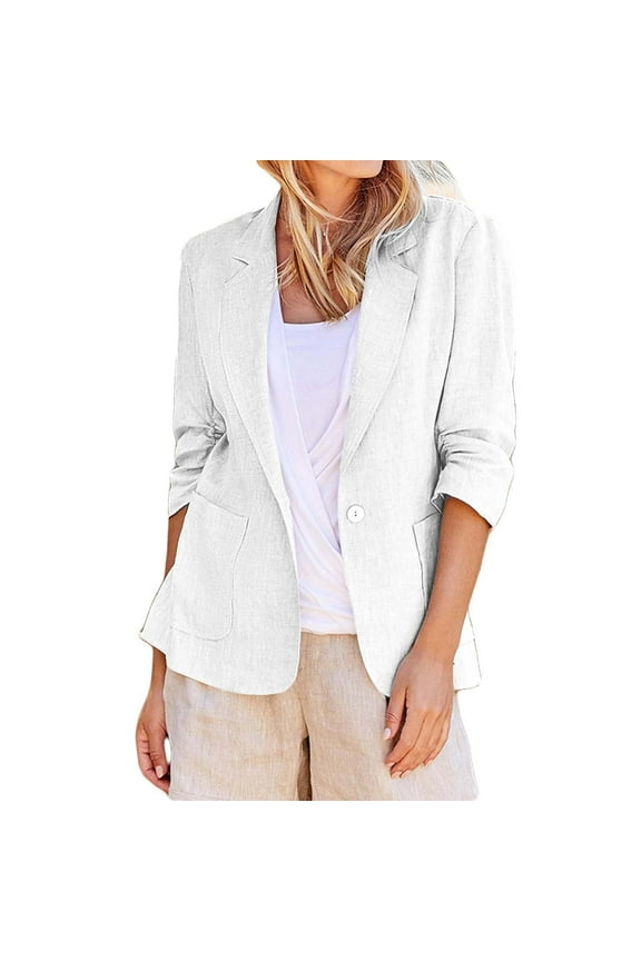 Linen Blazer Women 2025 Summer Lightweight 3/4 Stretchy Ruched Sleeve Fully-Lined Casual Work Jacket with Pockets