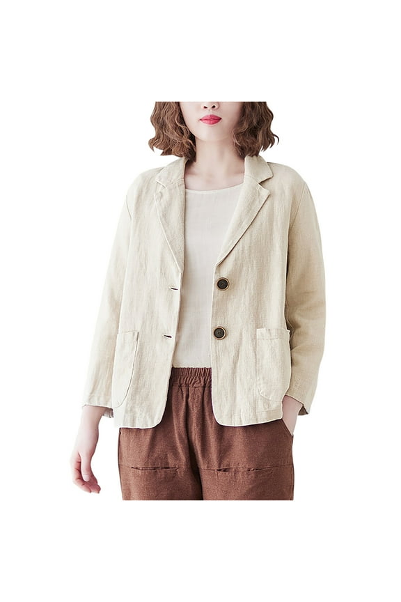 Linen Blazer Women 3/4 Sleeve V Neck Lightweight Spring Summer Blazer Jackets Cropped Blazer with Pockets Solid Casual Suit Coat