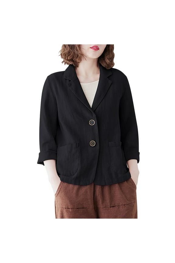 Linen Blazer Women 3/4 Sleeve V Neck Lightweight Spring Summer Blazer Jackets Cropped Blazer with Pockets Solid Casual Suit Coat