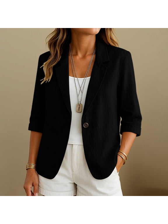 Linen Blazer Women Cotton 3/4 Ruched Sleeve Lightweight Fitted Business Casual Jackets Dressy Summer Office Outerwear(Black,XXL)
