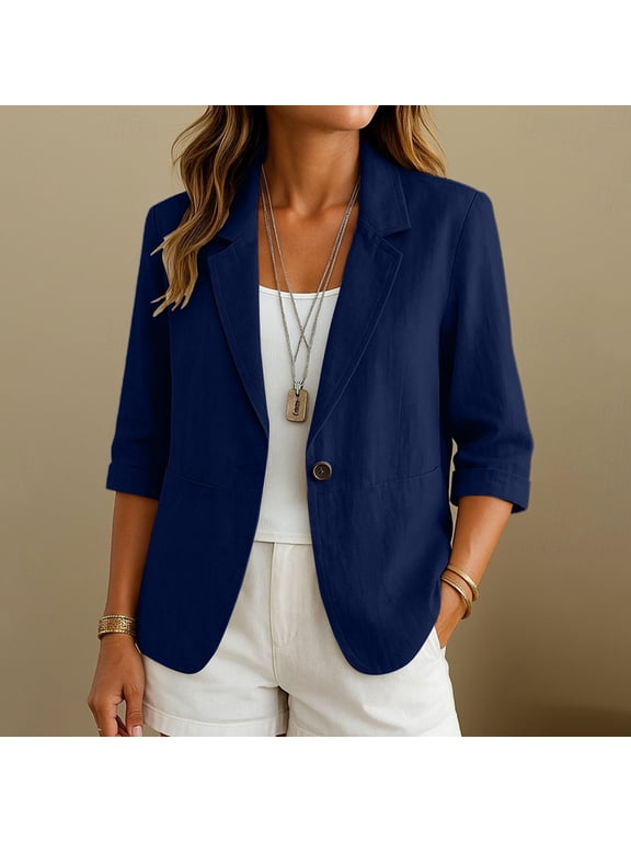 Linen Blazer Women Cotton 3/4 Ruched Sleeve Lightweight Fitted Business Casual Jackets Dressy Summer Office Outerwear(Navy,S)