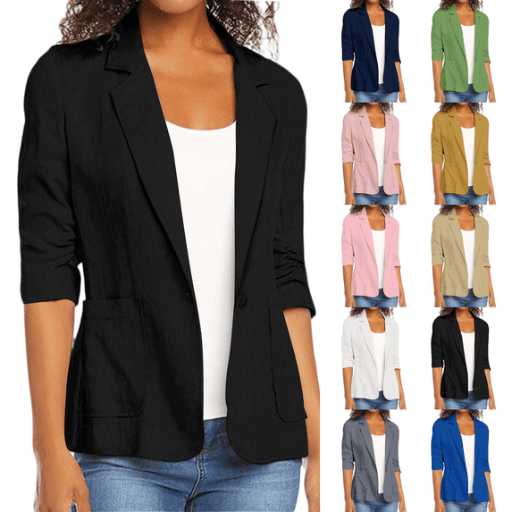 Linen Blazer Women Cotton 3/4 Ruched Sleeve Notch Lapel Single Button Jacket Business Office Outerwear with Pockets Black XL