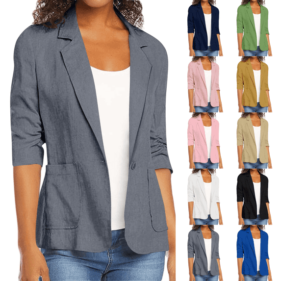Linen Blazer Women Cotton 3/4 Ruched Sleeve Notch Lapel Single Button Jacket Business Office Outerwear with Pockets Dark Gray M
