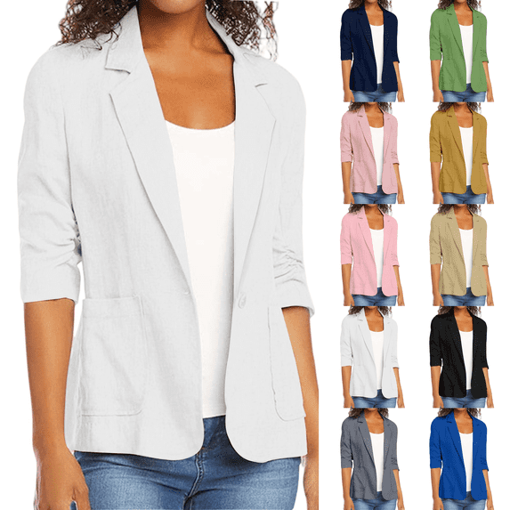 Linen Blazer Women Cotton 3/4 Ruched Sleeve Notch Lapel Single Button Jacket Business Office Outerwear with Pockets White XL