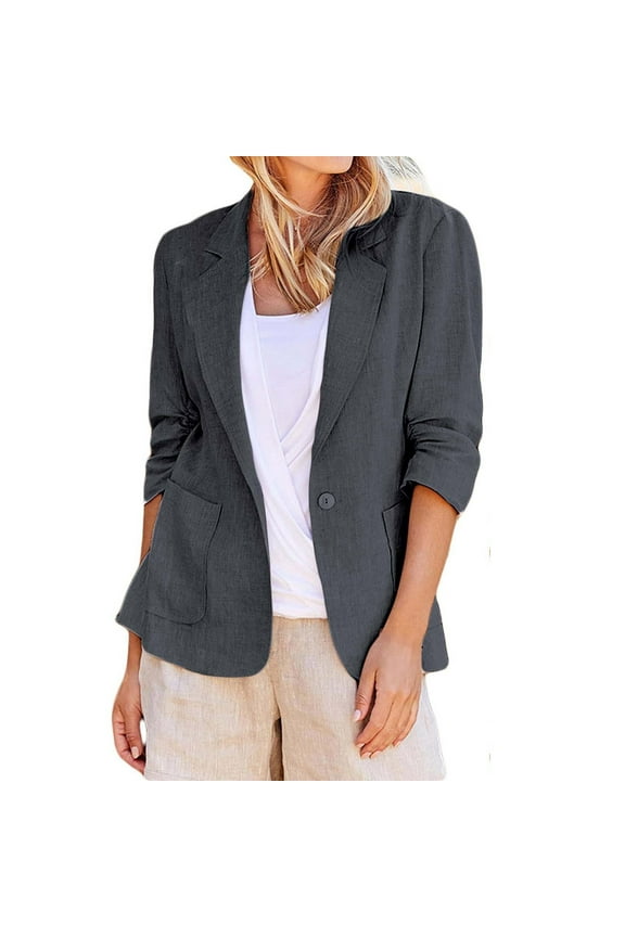 Linen Blazer Women Lightweight 3/4 Stretchy Ruched Sleeve Fully-Lined Casual Work Jacket With Pockets 2025 Summer