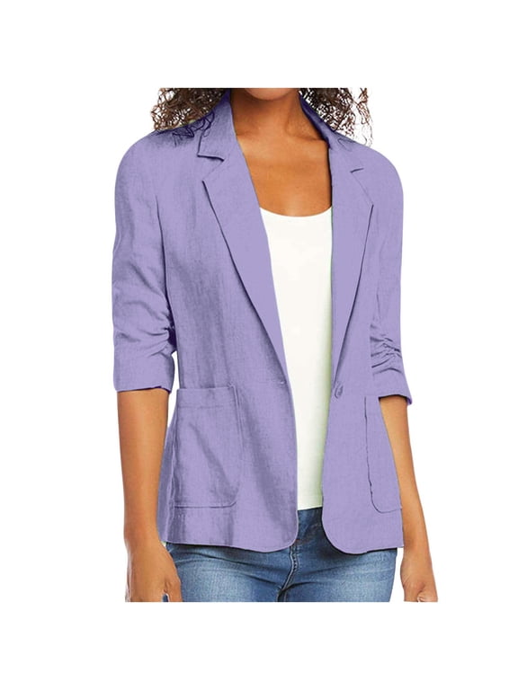 Linen Blazer Women Summer Lightweight Button 3/4 Sleeve Blazers for Women Business Casual Suit Jacket with Pockets