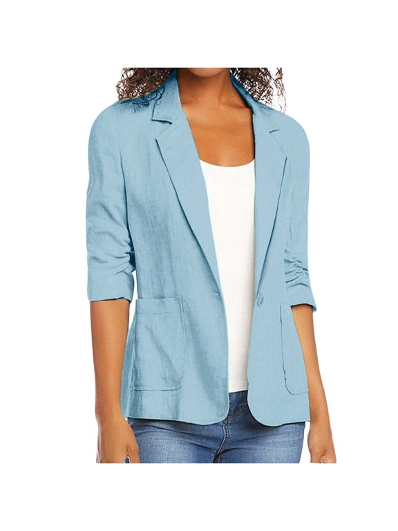 Linen Blazer Women Summer Lightweight Button 3/4 Sleeve Blazers for Women Business Casual Suit Jacket with Pockets