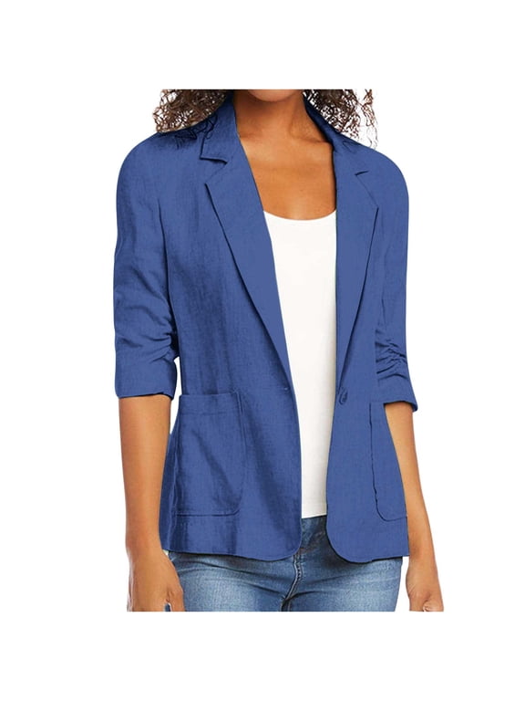 Linen Blazer Women Summer Lightweight Button 3/4 Sleeve Blazers for Women Business Casual Suit Jacket with Pockets