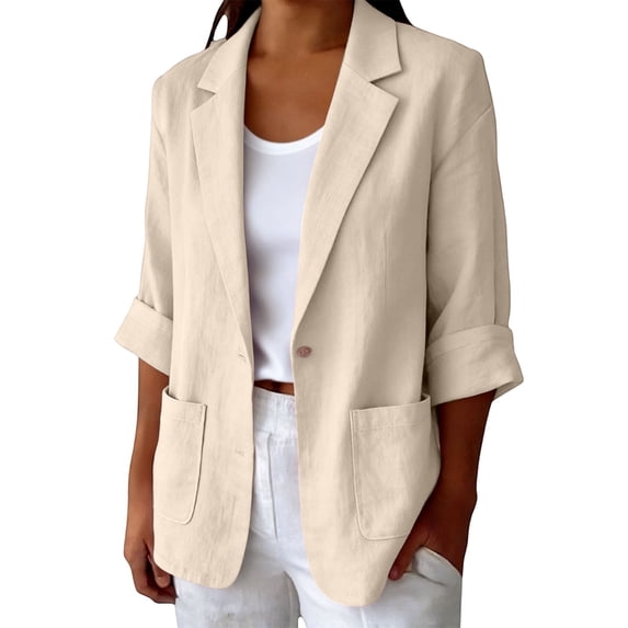 Linen Blazer Women Summer Lightweight Button 3/4 Stretchy Ruched Sleeve Business Casual Office Work Suit Jacket with Pockets Plus Size Linen Blazer Jacket Lightweight Dressy Coat Outfits