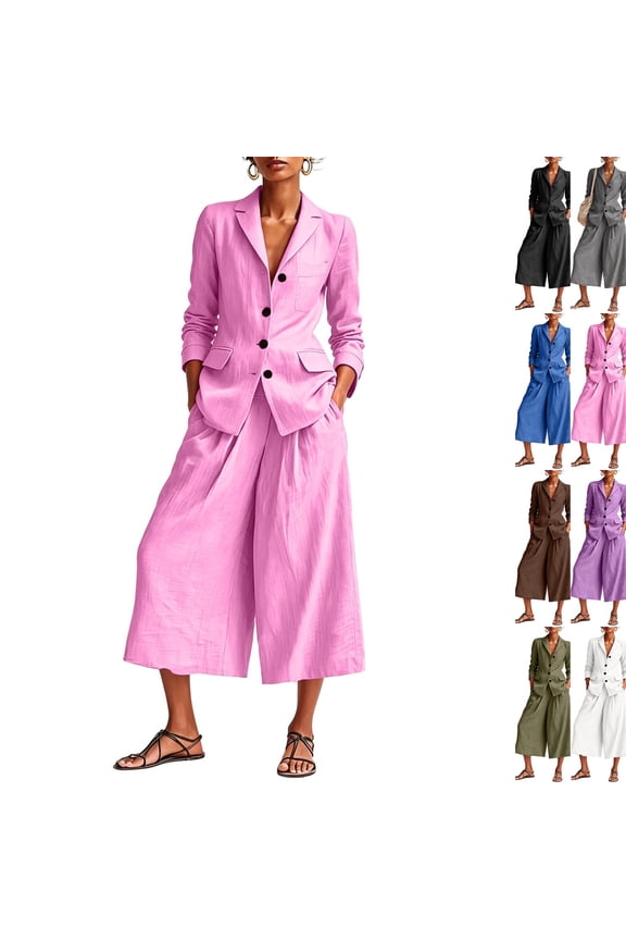 Linen Blazer and Pants Matching Set for Women Dressy Casual Work Jackets with Wide Leg Capris 2 Piece Business Outfits Pink XXL