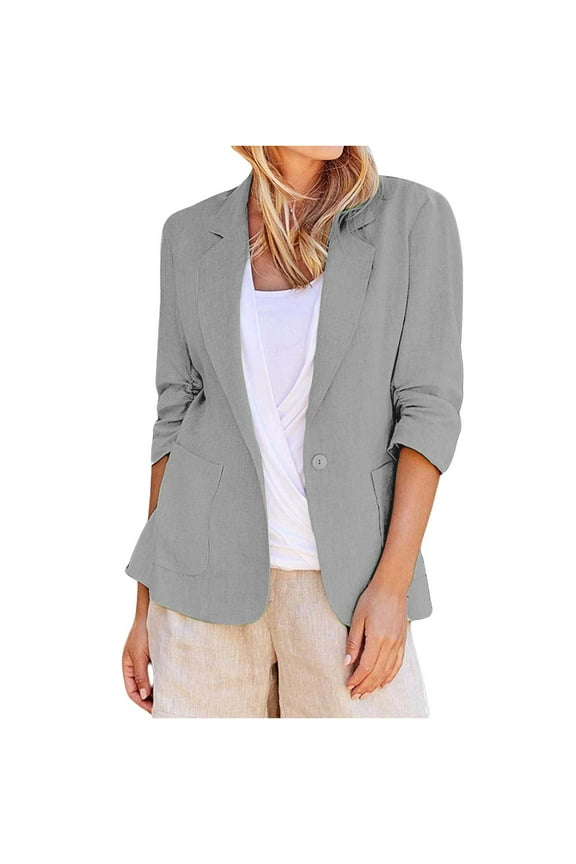 Linen Blazers for Women 2025 Summer 3/4 Sleeve Lightweight Work Jacket Business Casual Suit Blazer with Pockets Gray XL