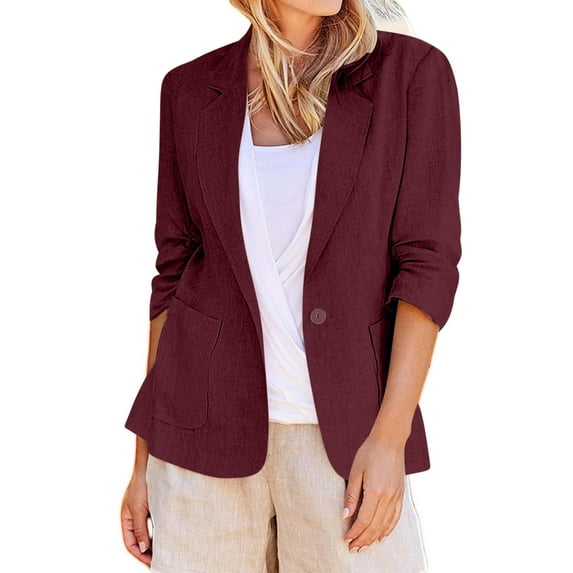 Linen Blazers for Women 2025 Summer 3/4 Sleeve Lightweight Work Jacket Business Casual Suit Blazer with Pockets Wine XXXXXL