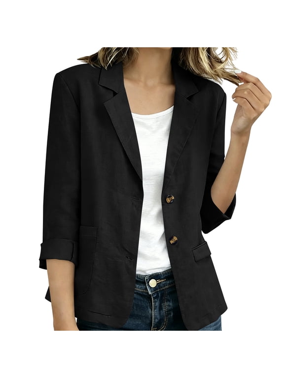 Linen Blazers for Women Casual Lightweight Lapel Long Sleeved Regular Open Front Loose Solid Color Button Down Shirt Suit Blazer Jackets with Pockets