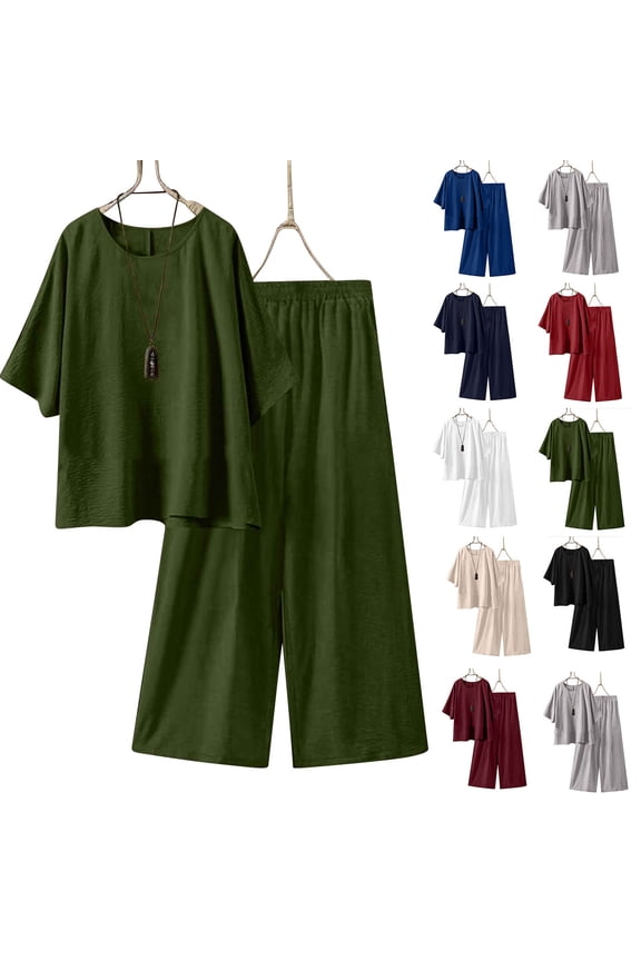 Linen Blend 3/4 Sleeve Tops And Pants Set, Women's Summer Loose Casual Outfit, Solid Color Palazzo Pants And Shirt, Lounge Wear Trousers, Aesthetic Streetwear Gifts for Women